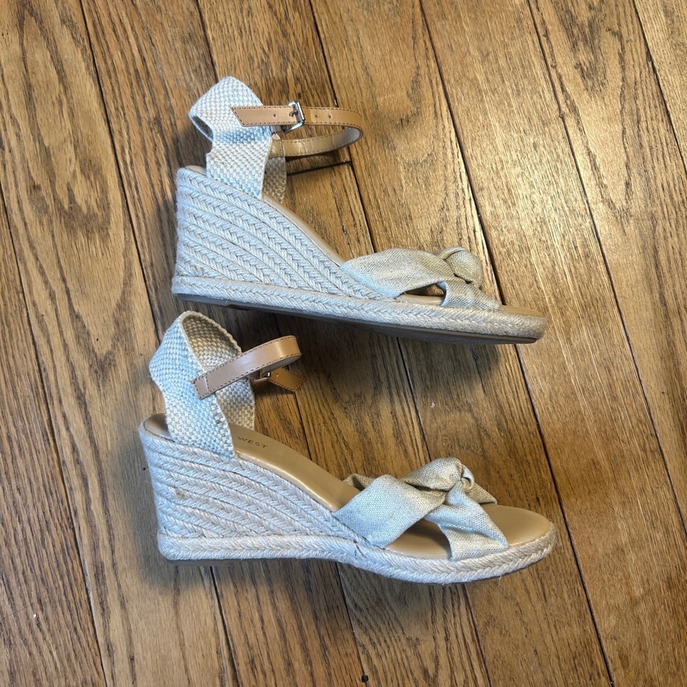 Nine West Jolly Cream Espadrille Wedge Sandals Knotted Bow Ankle Strap 9.5M
